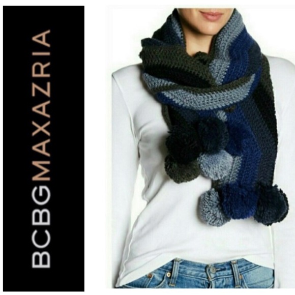 🎄 BCBGMAXAZRIA Crochet Striped Pompom Trim Muffler Elongated Scarf NWT O/S - Picture 1 of 9